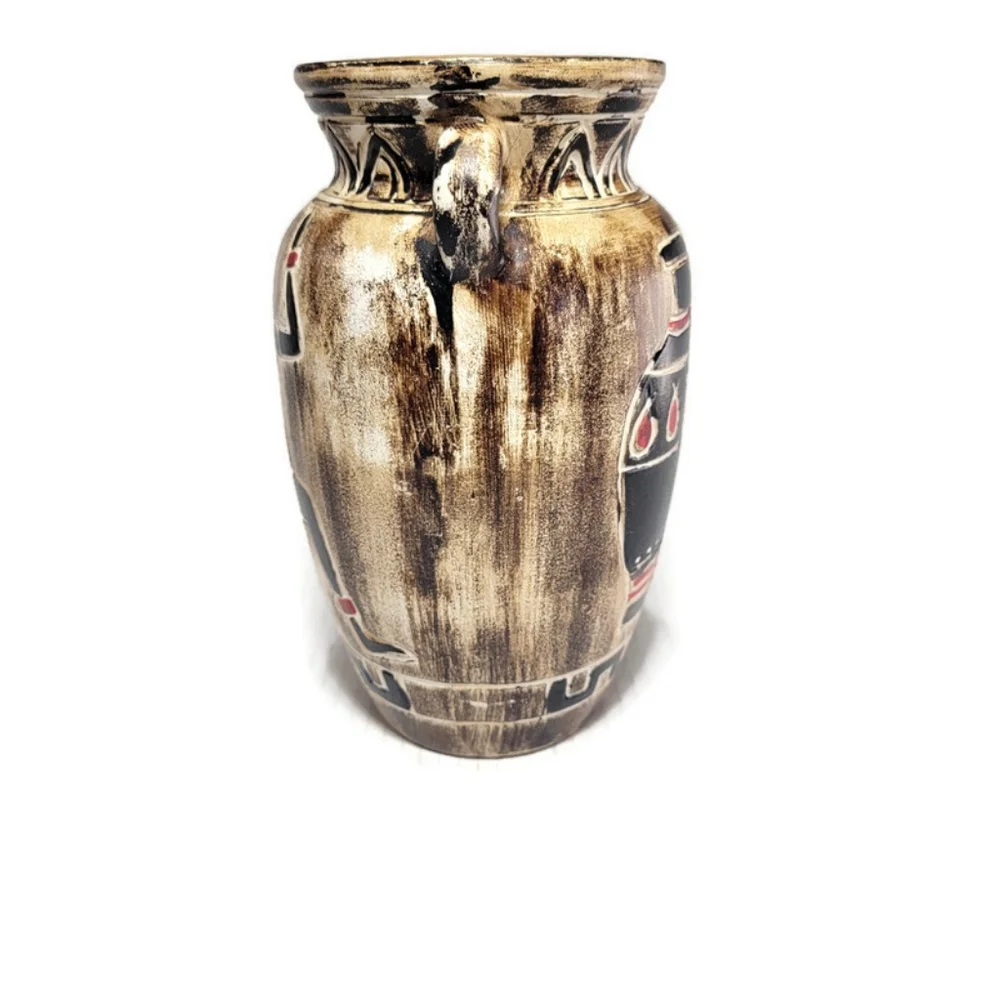 Vintage Motif Vase Egyptian Pharaoh Art Pottery Clay Earthenware 9